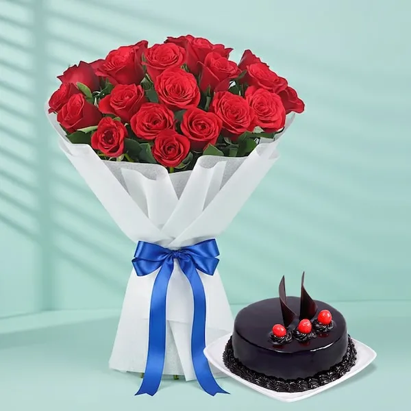 15 red rose bouquet with chocolate truffle cake 15 red rose bouquet with chocolate truffle cake