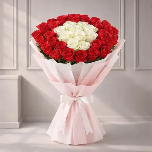 35 red and white roses bouquet in pink wrap