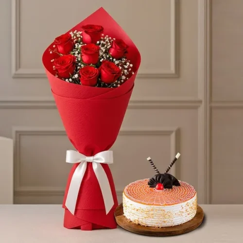 7 red roses bouquet with butterscotch cake