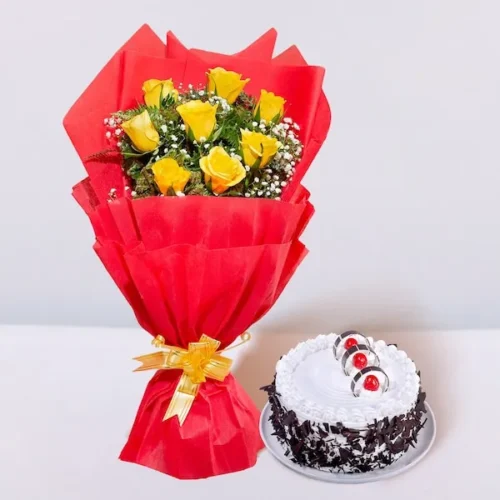 black forest cake with yellow roses