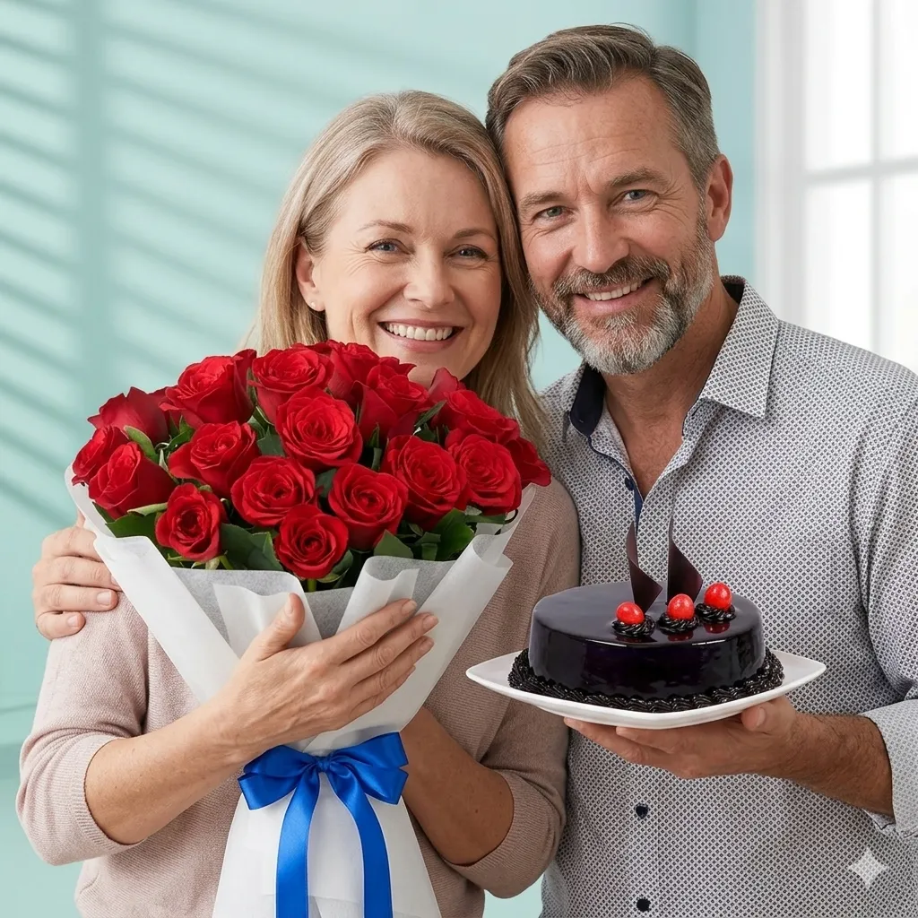 15 red rose bouquet with chocolate truffle cake 15 red rose bouquet with chocolate truffle cake