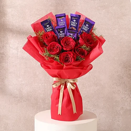 red roses bouquet with dairy milk chocolates