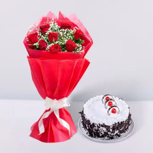 red roses with black forest cake