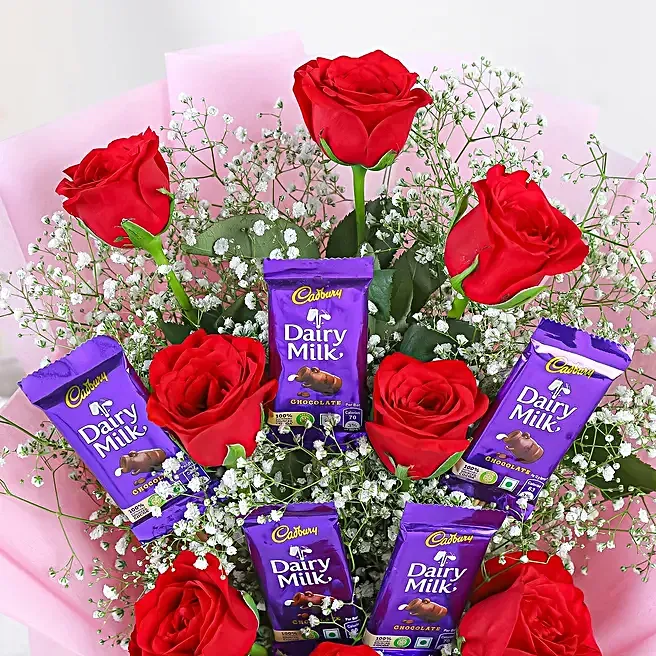 red roses bouquet & dairy milk chocolates red roses bouquet & dairy milk chocolates